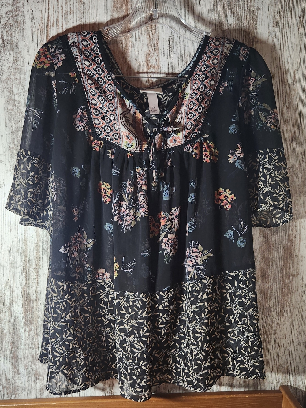 Knox Rose Black Floral Tie-Neck With Beaded Ends Peasant Blouse Floral Designs
